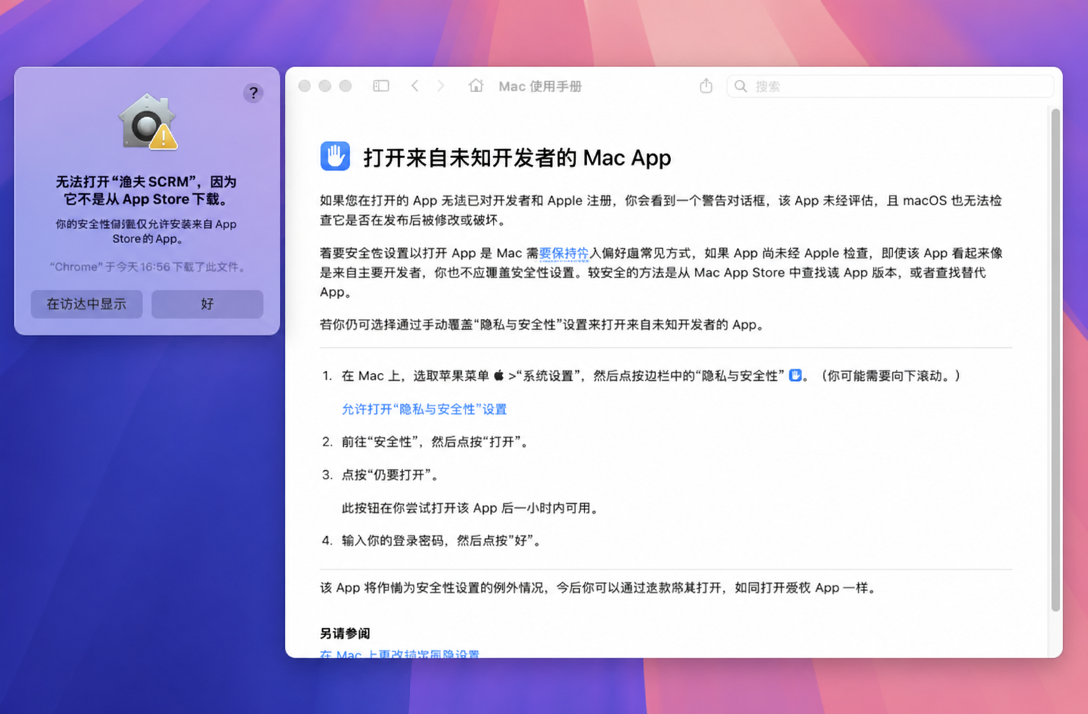 macOS 隐私与安全性设置操作示意图
